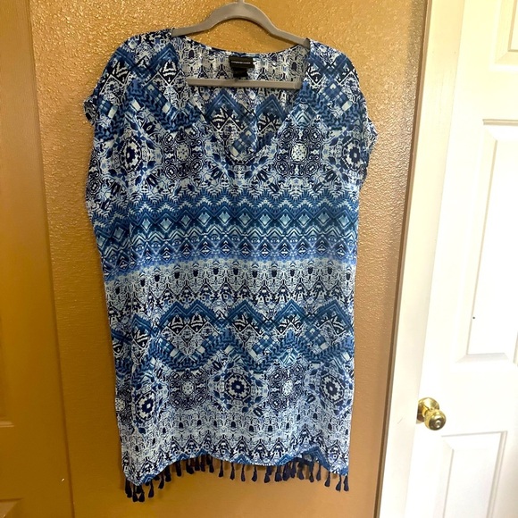 Cover2Cover Women’s Tassle Trim Poncho Patterned Sheer Swim Knee Length Cover-up - Picture 4 of 9